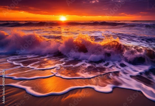 majestic waves crashing untouched shoreline under vibrant sky golden sunset reflections over soft sandy beach, tide, ocean, water, coast, nature, surf