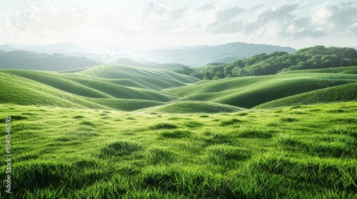 Expansive green meadow, isolated on white, with soft rolling hills. A serene and peaceful landscape