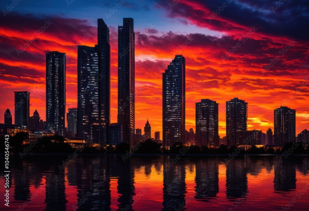 Fototapeta premium dramatic high rise silhouettes vibrant sunset sky showcasing urban artistry atmospheric lighting, skyline, buildings, architecture, clouds, color, horizon