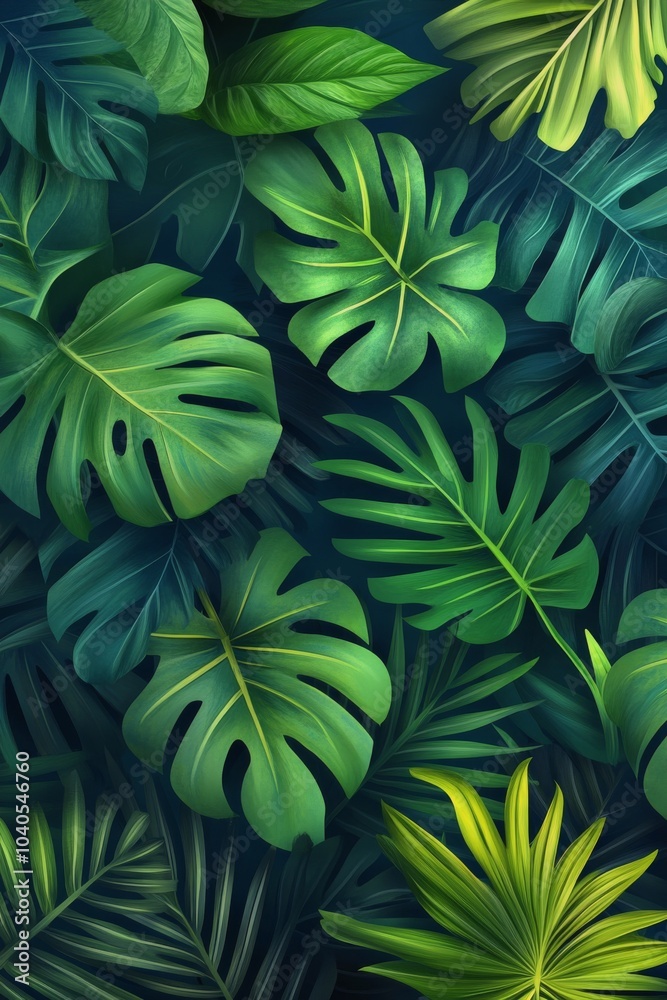 Lush green tropical leaves with varying shades and patterns in a vibrant natural setting