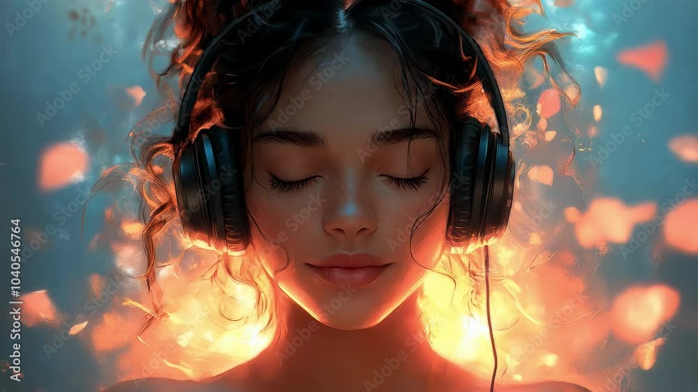 Beautiful young adult girl listening to music on headphones and immersing herself in meditation. The woman enjoys the song, the fairytale atmosphere of sleep is around. Slow motion.