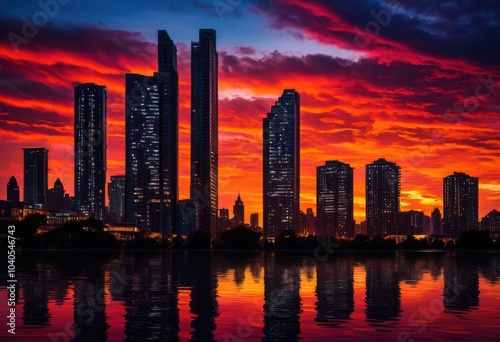 dramatic high rise silhouettes vibrant sunset sky showcasing urban artistry atmospheric lighting, skyline, buildings, architecture, clouds, color, horizon