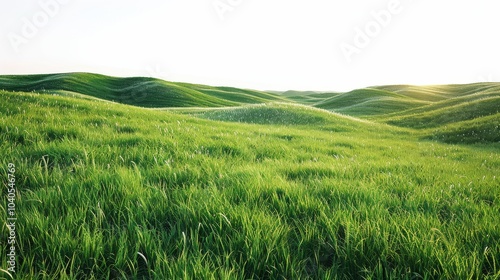 Expansive green meadow, isolated on white, with soft rolling hills. A serene and peaceful landscape