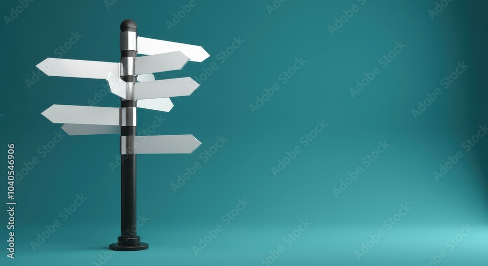 Metal signpost with blank arrows against teal background Metal signpost with blank arrows against teal background