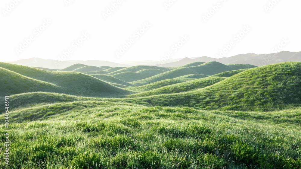 Fototapeta premium Expansive green meadow, isolated on white, with soft rolling hills. A serene and peaceful landscape