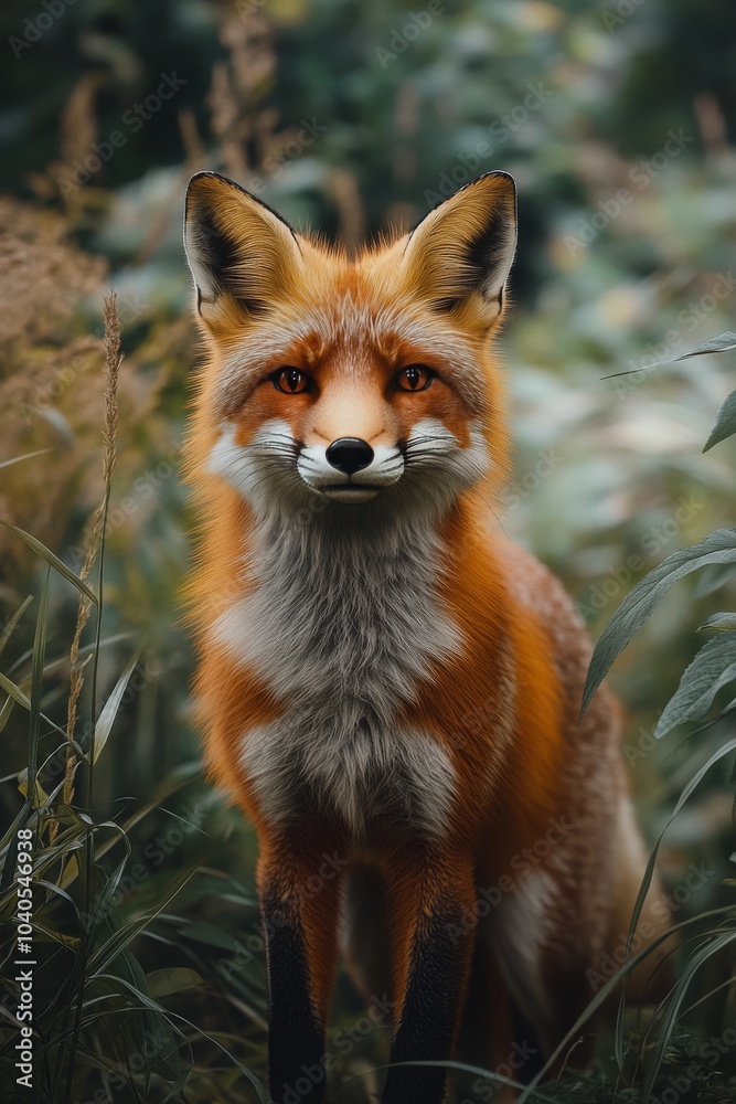 Obraz premium A vibrant red fox standing gracefully in the forest during autumn with colorful foliage nearby