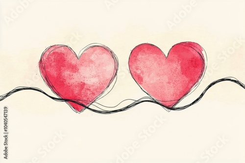 Two intertwined hearts illustrated with soft watercolor effects on a light ba...