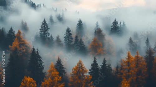 Autumn trees hidden in thick fog, with a path covered in golden leaves, creating a serene and mysterious fall forest atmosphere.