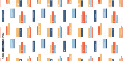 Book Stack Pattern. Seamless print literature group with hardcover on white background. Reading encyclopedia. Textbook cover from side. Book flight. Wrapping Bookstore, library. Vector illustration