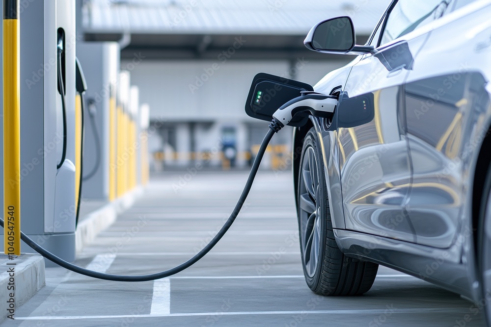Electric car charging at station, eco-friendly technology Electric car charging at station, eco-friendly technology