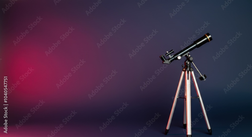 Sleek, black telescope on tripod, set against vibrant backdrop Sleek, black telescope on tripod, set against vibrant backdrop