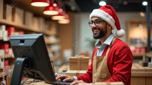 Festive retail employee with santa hat working at computer for holiday season preparations photo