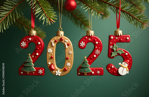 The numbers 2025 are represented as Christmas ornaments hanging from branches. High quality photoThe numbers 2025 are represented as Christmas ornaments hanging from branches. Each digit is adorned photo