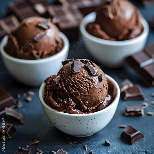 Delicious scoops of chocolate ice cream served in ceramic cups, topped with rich chocolate chunks, displayed in a cozy setting, perfect for celebrating Ice Cream Day or enjoying sweet indulgences.