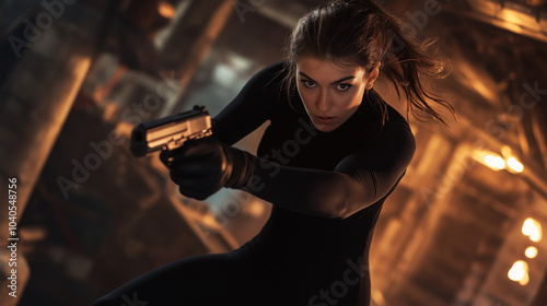 A female secret agent in a black outfit stealthily infiltrates an evil lair while wielding a gun photo