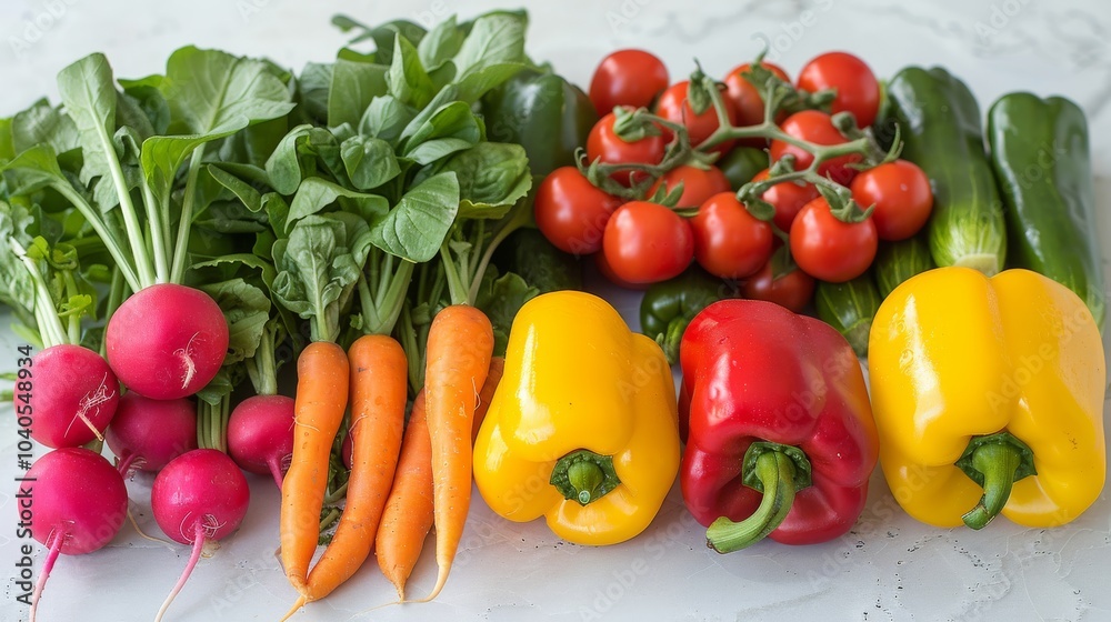 A selection of colorful vegetables, including bell peppers, cucumbers, and radishes, arranged on a white table. Fresh and healthy A selection of colorful vegetables, including bell peppers, cucumbers, and radishes, arranged on a white table. Fresh and healthy