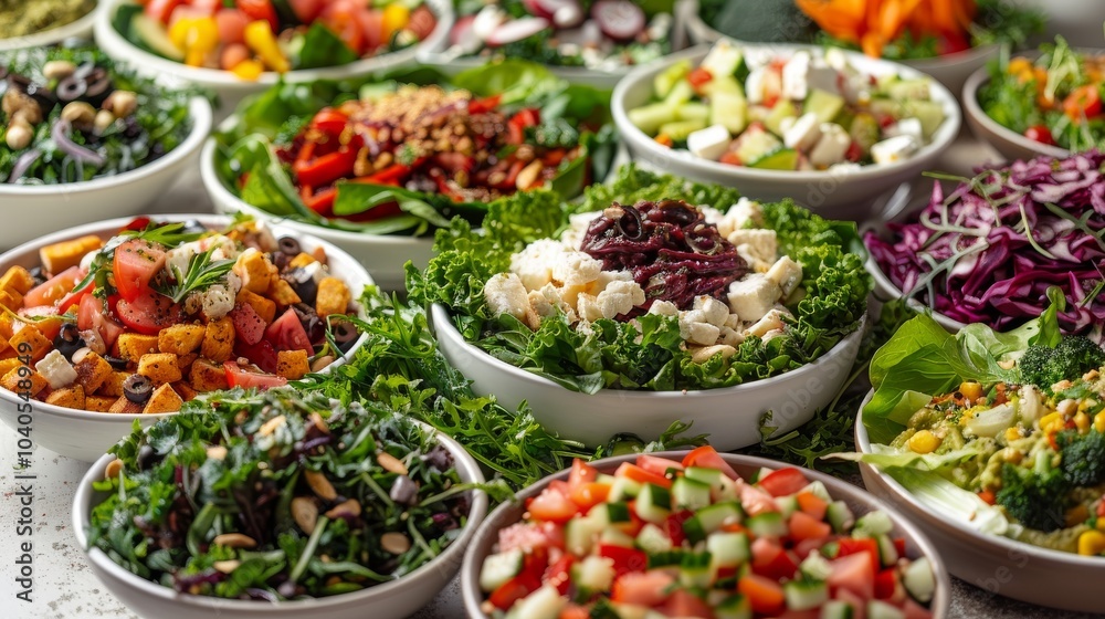 A variety of fresh and vibrant salads, with a mix of greens, vegetables, and proteins, displayed on a white table. Healthy and delicious