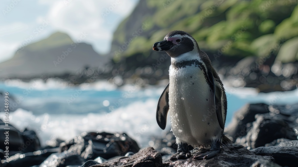 Obraz premium A close-up of a Gal??pagos penguin standing on a rocky shore, with the ocean waves and a backdrop of lush green islands