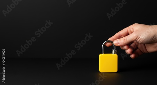 Hand holding yellow padlock on dark background symbolizing security and protection photo