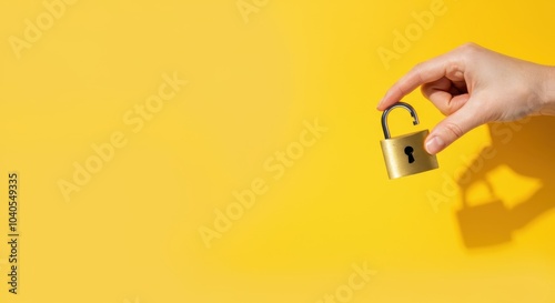 Hand holding unlocked padlock against yellow background photo