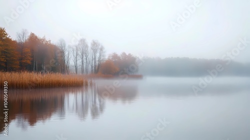 Misty fall forest trail with colorful leaves and dense fog, creating a quiet and atmospheric scene perfect for seasonal landscape photography.