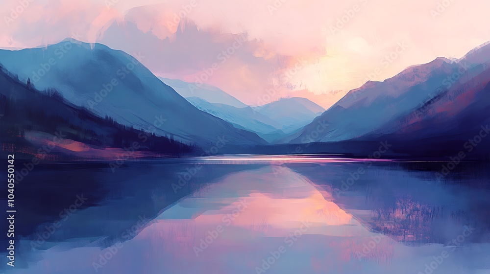 A serene mountain lake at dusk, with still waters reflecting the surrounding peaks and the soft glow of twilight A serene mountain lake at dusk, with still waters reflecting the surrounding peaks and the soft glow of twilight