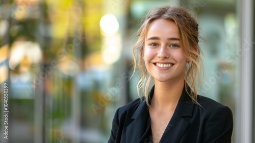 Confident woman in business attire, smiling warmly, gazing to the side, standing outdoors with space for text