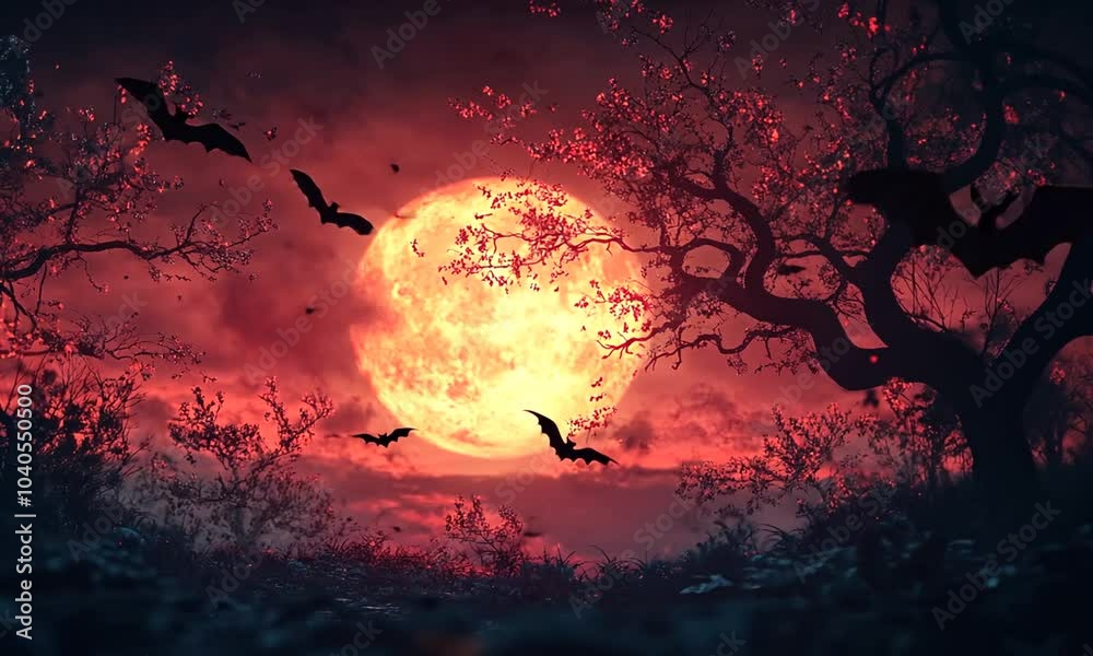 A haunting landscape featuring a large moon and bats flying amidst eerie trees and foliage. A haunting landscape featuring a large moon and bats flying amidst eerie trees and foliage.