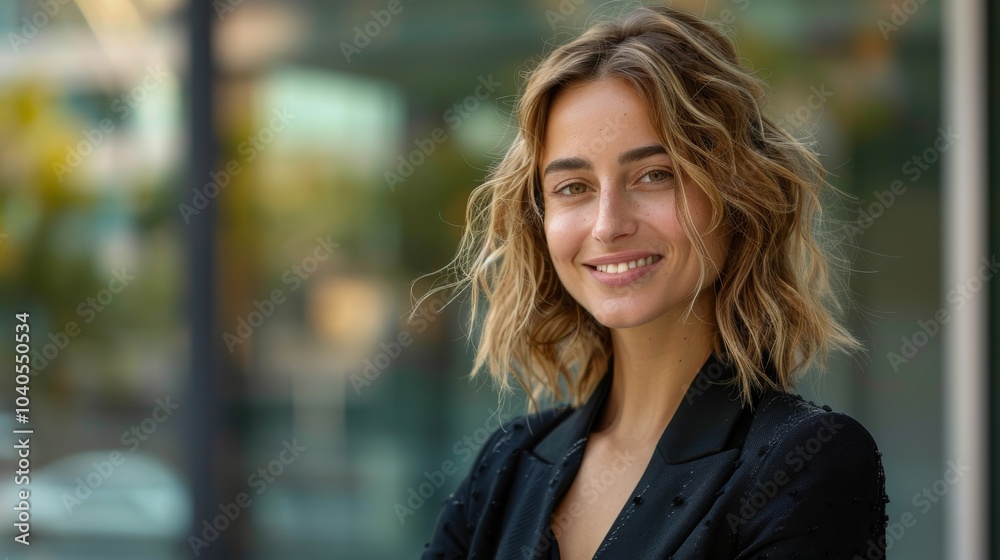 Fototapeta premium Confident woman in business attire, smiling warmly, gazing to the side, standing outdoors with space for text