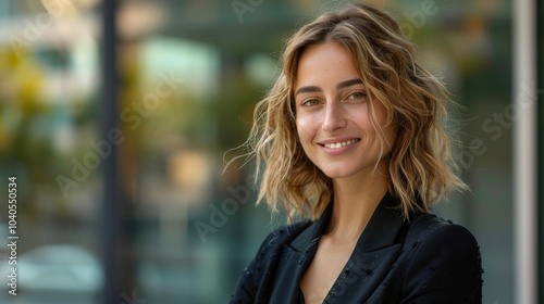 Free Download Confident woman in business attire, smiling warmly, gazing to the side, standing outdoors with space for text - GFXLoad