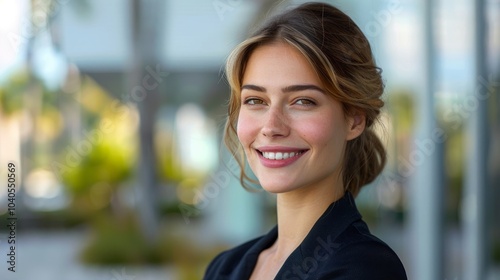 Confident woman in business attire, smiling warmly, gazing to the side, standing outdoors with space for text