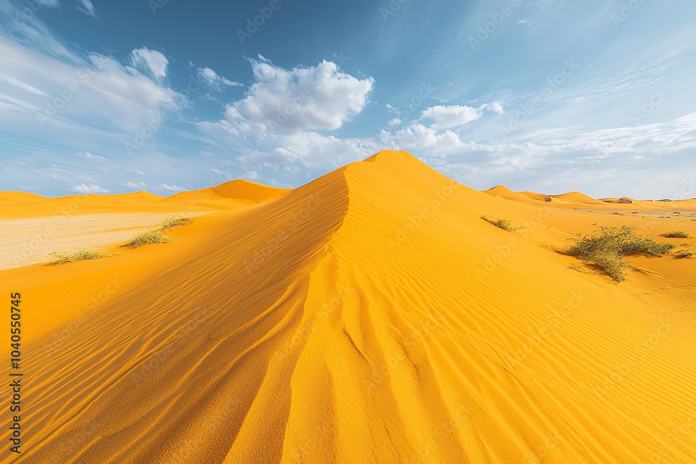 Fototapeta premium Expansive orange sand dunes under a bright blue sky in the desert