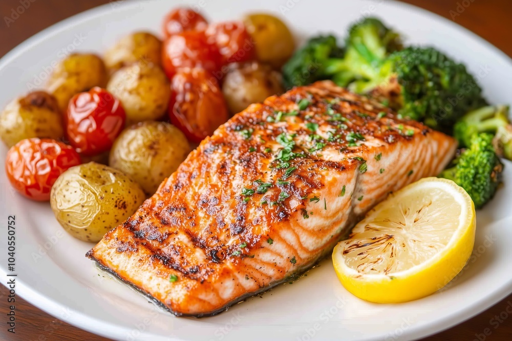 perfectly grilled salmon fillet, seasoned with herbs, served alongside roasted baby potatoes, broccoli, and cherry tomatoes perfectly grilled salmon fillet, seasoned with herbs, served alongside roasted baby potatoes, broccoli, and cherry tomatoes