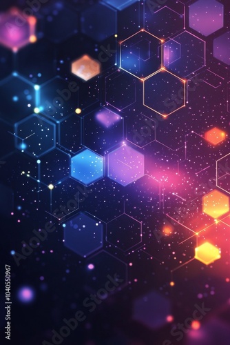 Abstract geometric background featuring hexagons with vivid colors and glowin...
