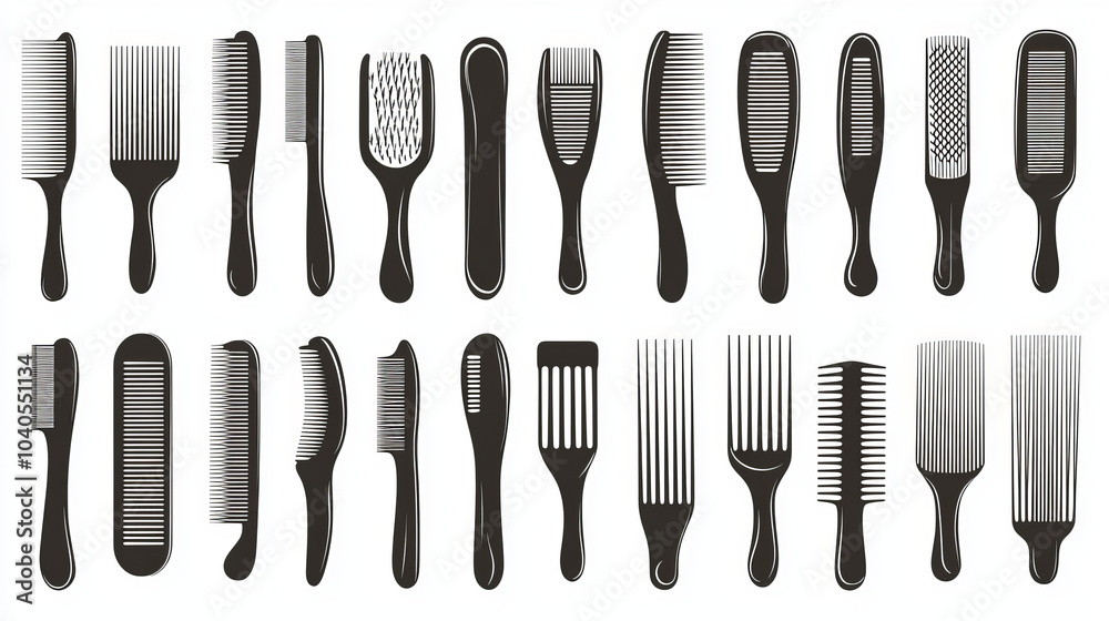 A set of hair comb icons, featuring various styles of combs typically used in barbershops and salons. This vector stock illustration includes a variety of designs, such as wide-tooth combs, fine-tooth A set of hair comb icons, featuring various styles of combs typically used in barbershops and salons. This vector stock illustration includes a variety of designs, such as wide-tooth combs, fine-tooth