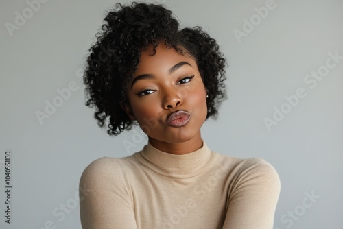 Young woman making a playful expression with curly hair against a neutral bac...