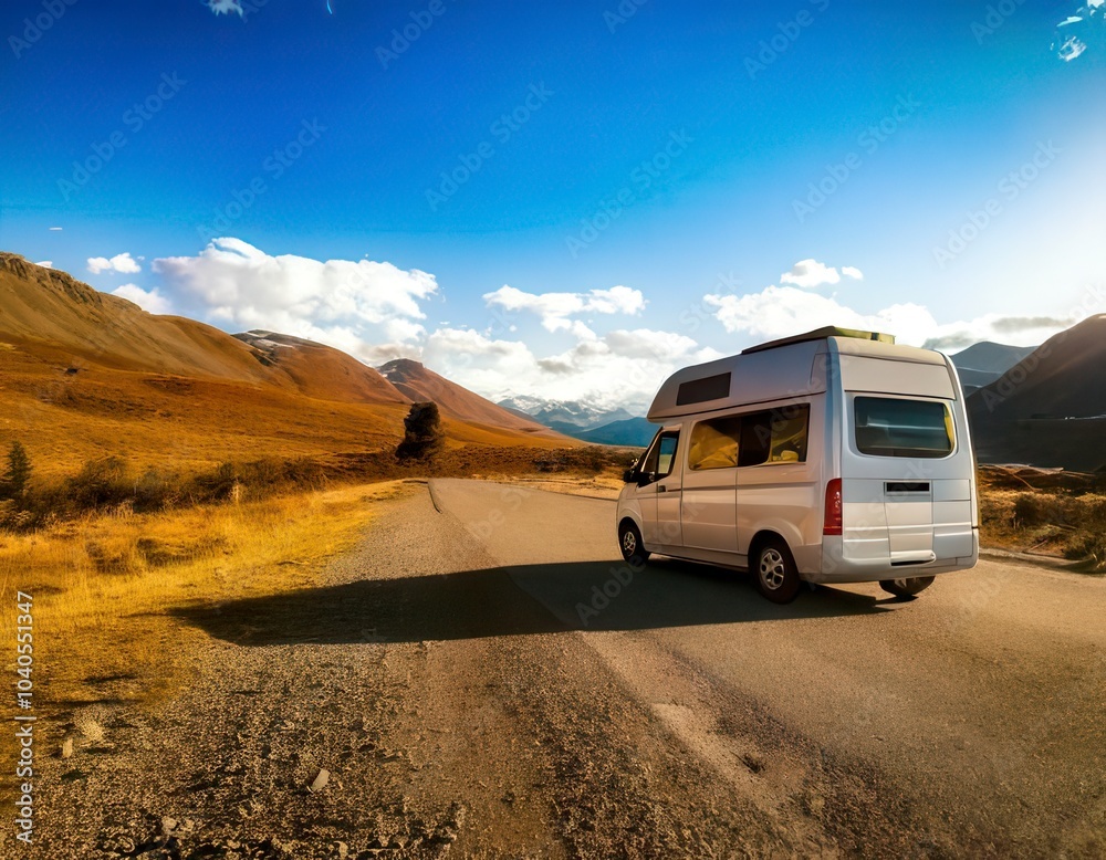 Scenic view of camper van on road. Generated image Scenic view of camper van on road. Generated image