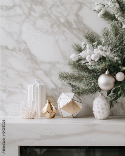 Frosted Christmas tree with black and white ornaments