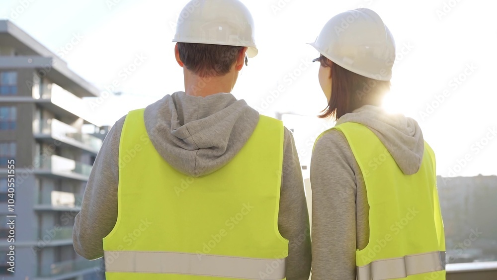 Two architects wearing safety hard hats and vests holding blueprint and discussing construction site project at sunrise, back view. Architecture, engineering and teamwork concept Two architects wearing safety hard hats and vests holding blueprint and discussing construction site project at sunrise, back view. Architecture, engineering and teamwork concept