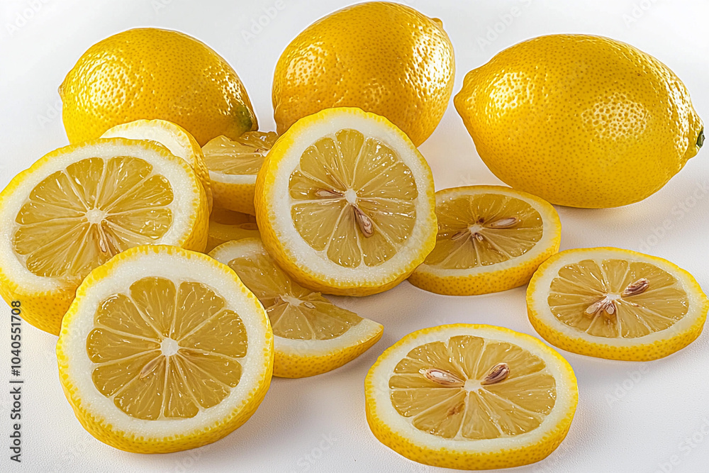 Freshly sliced lemons with whole fruit on a white surface Freshly sliced lemons with whole fruit on a white surface