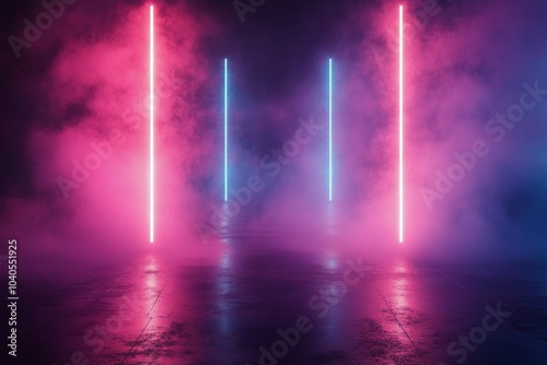 Colorful neon lights illuminating a misty dance floor in a nightclub at night