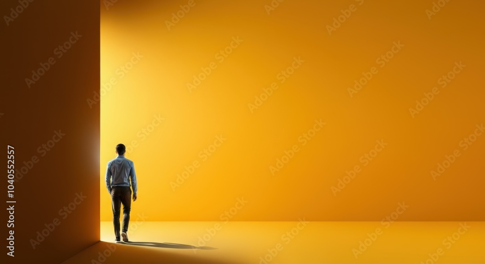 Asian man walking into light from dark room, symbolizing hope