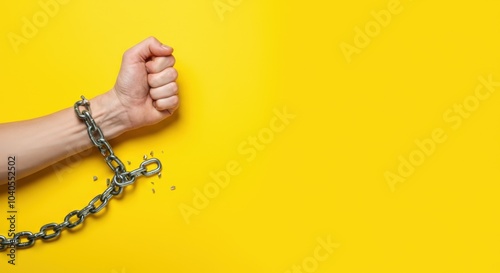 Person breaking free from chains against yellow background photo