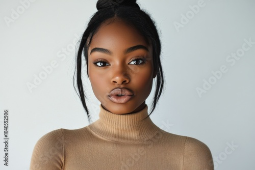 Young woman making a playful expression with curly hair against a neutral bac...
