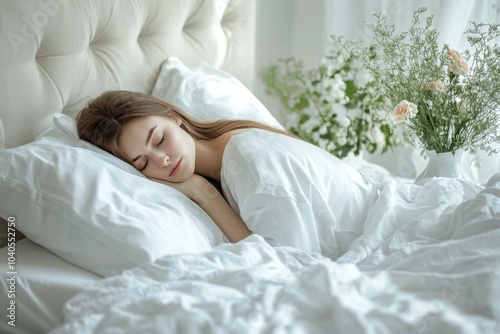 Young woman peacefully sleeping in a cozy bedroom with white bedding and soft...