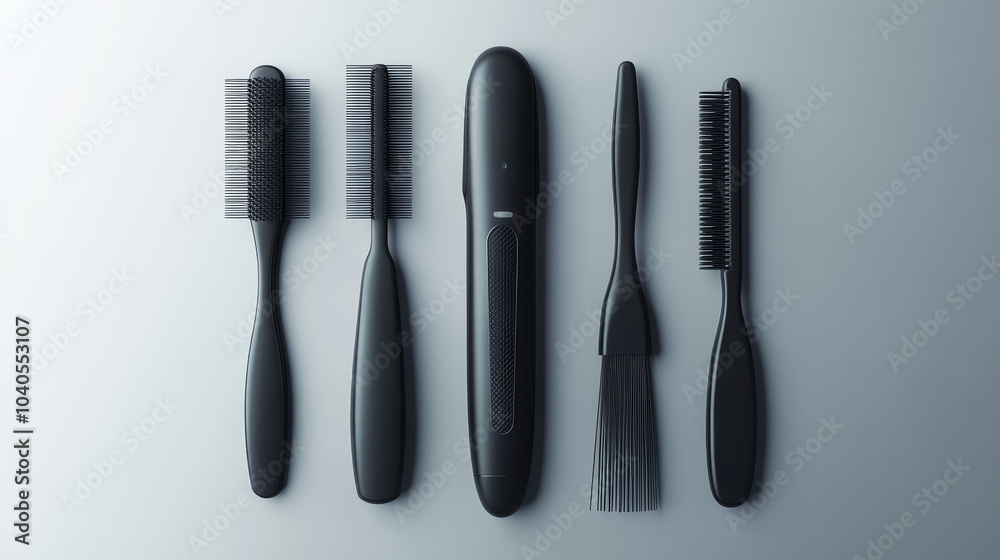 A collection of hair styling items, including a hair straightener, comb, and brush, neatly arranged on a light grey background, highlighting their functionality and sleek design.
A collection of hair styling items, including a hair straightener, comb, and brush, neatly arranged on a light grey background, highlighting their functionality and sleek design.