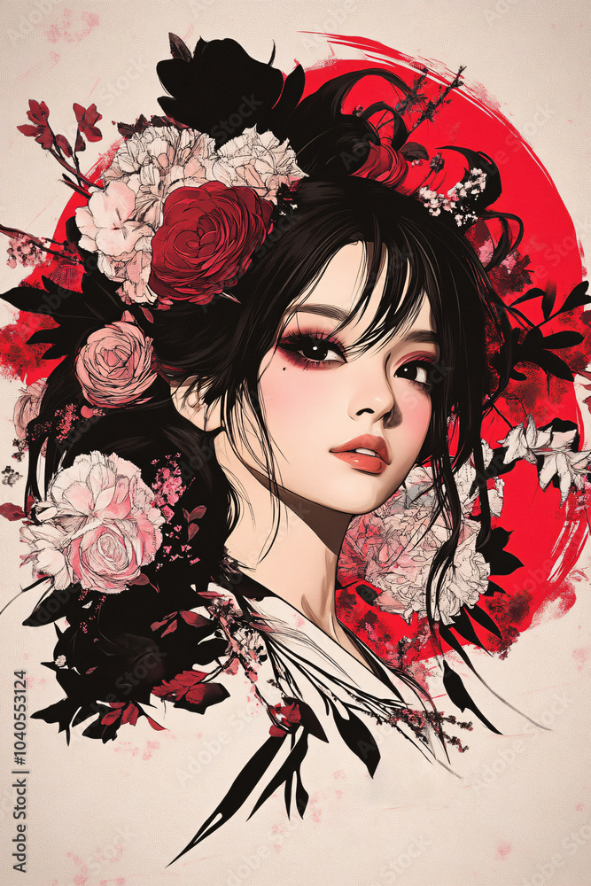 Japanese geisha with flowers in her hair, poster design, simple background, white, pink, red, and black color palette, vintage Japanese-style illustration, poster art, flat vector.
Japanese geisha with flowers in her hair, poster design, simple background, white, pink, red, and black color palette, vintage Japanese-style illustration, poster art, flat vector.