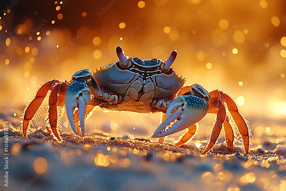 A colorful crab stands on the sand at sunset, bathed in golden light. A colorful crab stands on the sand at sunset, bathed in golden light.