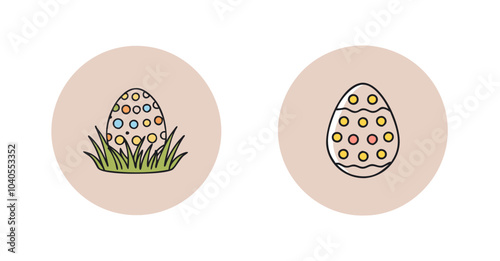 Illustrated colorful Easter eggs on grass and plain background in a minimalistic style