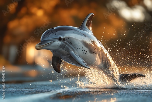 An Atlantic spotted dolphin leaps from the water at sunset. photo